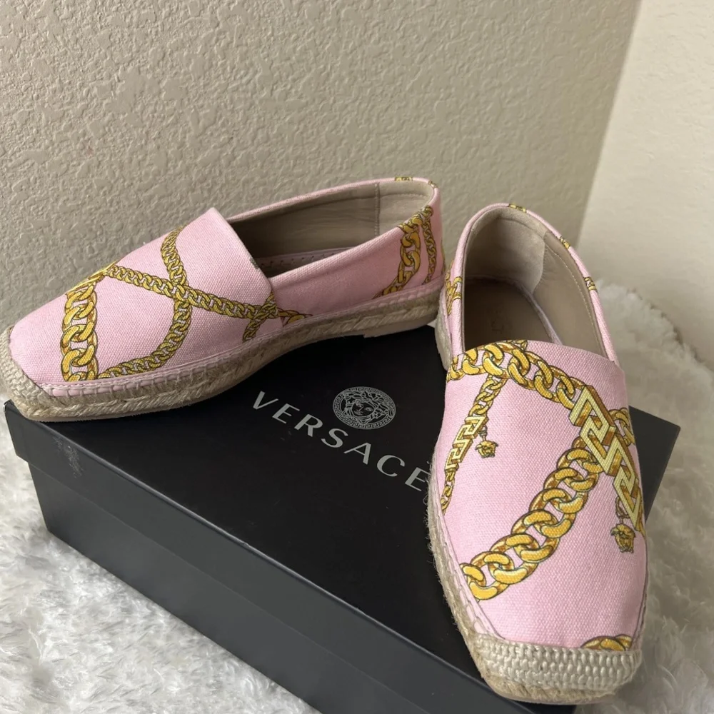 Versace Pink & Gold Chain Print Espadrilles - Picture 6 of 8